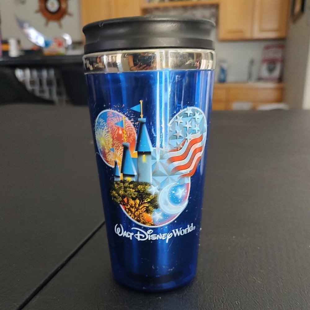 Walt Disney World Mickey Mouse Blue 6.25" Coffee Travel Tumbler Cup With Lid.